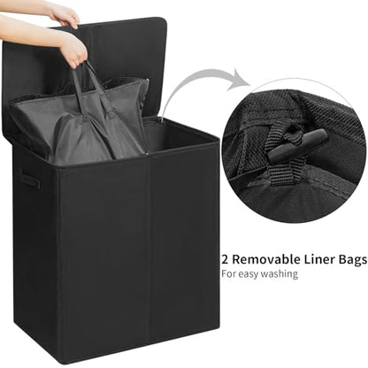 WOWLIVE 180L Double Laundry Hamper 2 Section with Lid and Removable Bags - color: Black, size: 180L (24.8 x 16.2x 27.6 Inches)