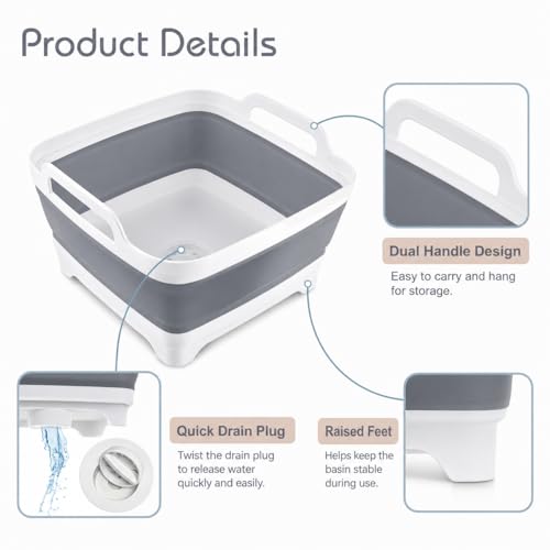 Collapsible Dish Basin with Drain Plug, Foldable Wash Basin 2.4 Gal (9L) - color: Gray