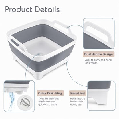 Collapsible Dish Basin with Drain Plug, Foldable Wash Basin 2.4 Gal (9L) - color: Gray