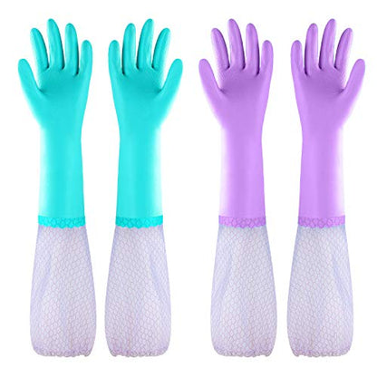 Elgood Reusable Long Sleeve Dishwashing Cleaning Gloves with Latex Free,Cotton Lining,Kitchen Gloves 2 Pairs,Purple+Blue M - color: Long-purple+blue, size: Medium (Pack of 2)