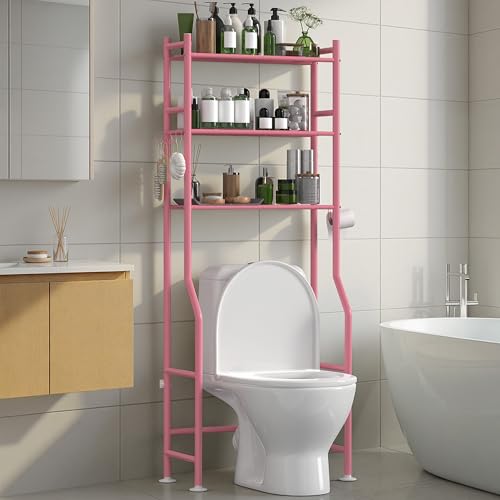 3-Tier Over The Toilet Storage Organizer, Space-Saving Bathroom Rack with Paper Holder & 4 Hooks, 64" Tall Freestanding Carbon Steel Shelf for Small Apartment Laundry Room (Pink) - color: C-pink