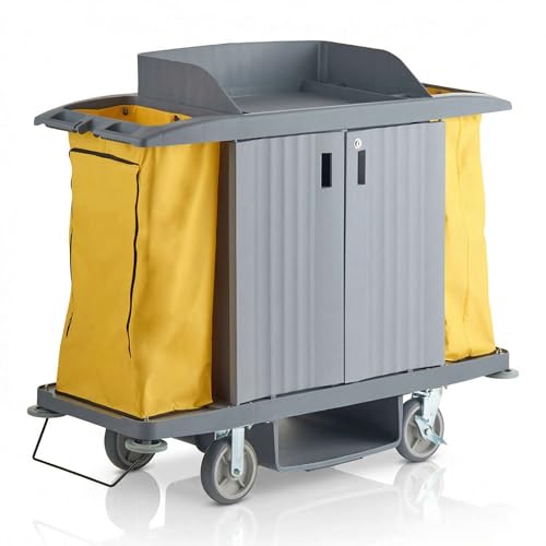 60” x 21” x 50” Large Locking 3-Shelf Multifunctional Housekeeping Cart - Commercial Hotel Cart with 2 Zippered Vinyl Bags, 8 Top Compartments, Underdeck Shelf, Fender Wheels, Locking Casters - 220 lb - size: Large (3 Shelf)
