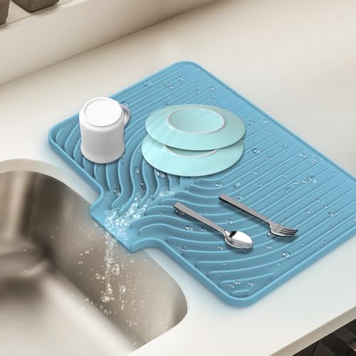 Dish Drying Mat for Kitchen Counter, with Built-in Drain Lip, Food-Grade Silicone, Easy Clean Pad for Countertop Protection, Multi-Functional Use (18x11.8, Light Blue) - color: Blue, style: 18x11.8