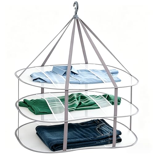 Hanging Drying Rack Foldable Sweater Clothes Dryer Flat Mesh Large Portable Fixed Windproof for Home, Dormitory and Bathroom 3 Tier - color: A, size: 1PC