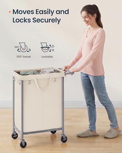 SONGMICS HOME Rolling Laundry Basket with 2 Compartments, 37-Gallon Laundry Hamper with Wheels, Removable Liner, White - color: White, style: 140 L (2-Section)