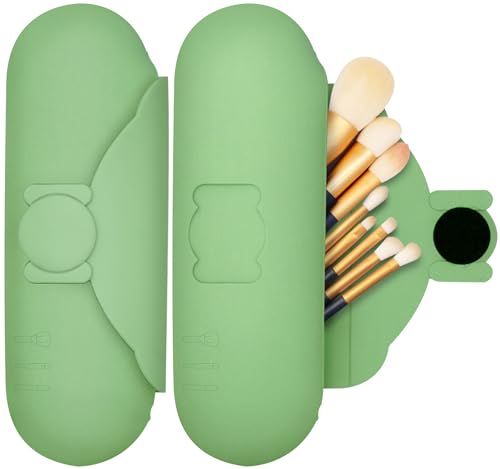 Travel Silicone Makeup Brush Holder with Cleaning Pad and Magnetic Closure - color: Green