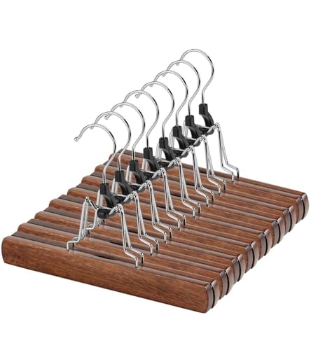 AMKUFO 20 Pack Wooden Pants Hangers with Clips Non Slip Skirt Hangers Trouser Clamp Hanger Solid Wood Hanger with 360° Swivel Hook Walnut - color: Walnut, size: 20 Pack