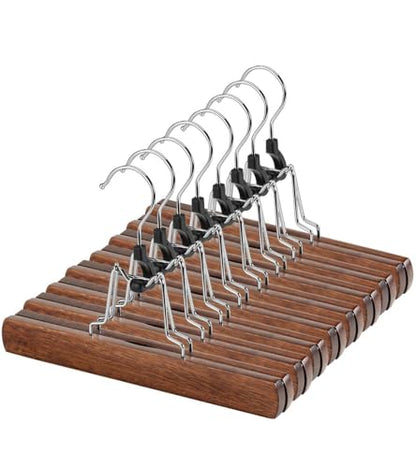 AMKUFO 20 Pack Wooden Pants Hangers with Clips Non Slip Skirt Hangers Trouser Clamp Hanger Solid Wood Hanger with 360° Swivel Hook Walnut - color: Walnut, size: 20 Pack