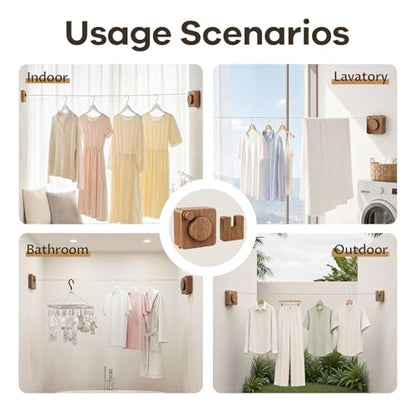 Retractable Clothesline Indoor & Outdoor, Non-Sagging Heavy Duty Retracting Laundry Drying Line, Wall Mounted Stainless Steel Clothes Line - 16.7 Ft (Wood‑Toned) - color: Wood‑toned