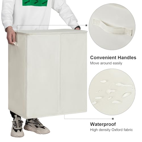 WOWLIVE 140L Double Laundry Hamper 2 Section with Lid and Removable Bags - color: Beige, size: 140l (23.6x 13.8x 25.6 Inches)