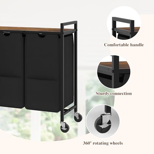 Laundry Sorter with Wheels, 3 Section, Rustic Brown Black - size: 3 Bags-120L / Rustic Brown + Black / w Wheels