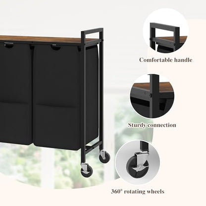 Laundry Sorter with Wheels, 3 Section, Rustic Brown Black - size: 3 Bags-120L / Rustic Brown + Black / w Wheels