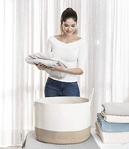 OrganiHaus Round Toy Basket & Blanket Basket, Cotton Rope 20x13" - color: Honey / Off-White, size: Wide