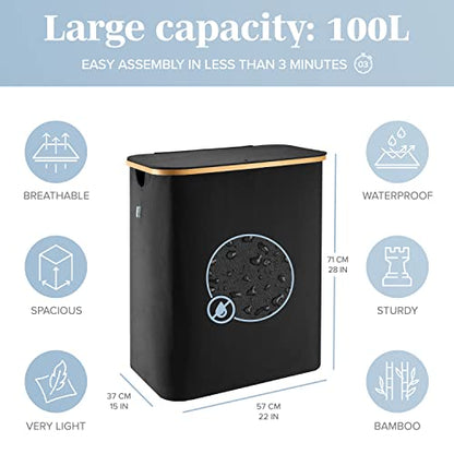 LONBET Laundry Basket with Lid, Made from Breathable Fabric | Aesthetic Clothes Hampers for Laundry with Side Handles & Sturdy Bamboo Frame (40 Gallons - Double, Black) - color: Black, style: 40 Gallons - Double