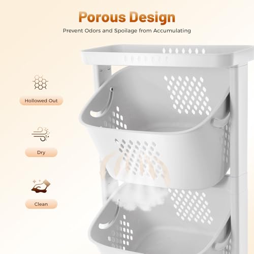 Clothes Hamper 3 Tier Rolling with Top Shelf, PP Plastic Laundry Sorter with Wheels, 3 Section Basket Organizer with Lockable Wheels, Tall Storage Basket for Bedroom Bathroom