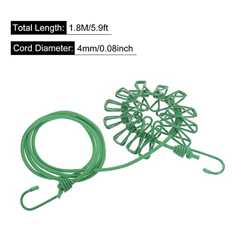 uxcell Travel Clothesline, Portable Clothesline with 12 Clothespins, 1.8M/5.9ft Windproof Stretchy Elastic Laundry Clothes Line for Backyard Hotel Camping Indoor Outdoor, Green - color: Green