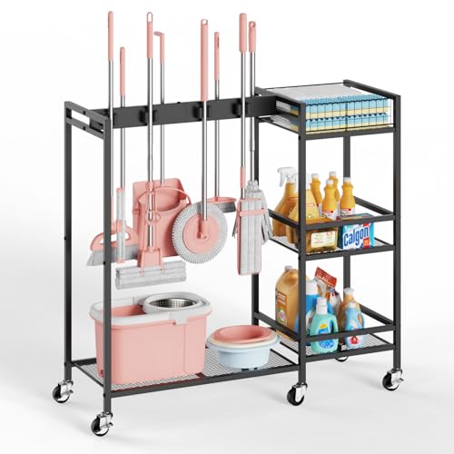 Broom and Mop Holder, MUNNAR Broom Closet Storage Cabinet with Cleaning Supplies Organizer, 2-in-1 Broom Mop and Cleaning Supplies Storage Cleaning Cart, Cleaning Cart with Wheels for Housekeeping - size: 37.4" x 13" x 34.2"
