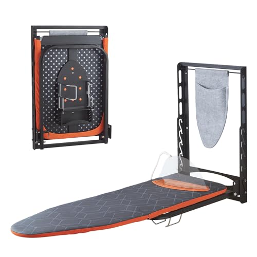 Seiritex Wall Mounted Ironing Board with Iron Holder, 42x14 Compact Mount Foldable Ironing Board for Small Spaces, Space Saving with Cotton Fabric Cover and Silicone Iron Rest - size: 14x42 inches