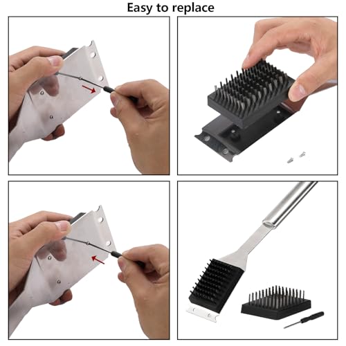 16.5” Grill Brush and Scraper with 2 Brush Replacements & 1 Screwdriver, Wire BBQ Grill Brush for Outdoor Grill, 304 Stainless Steel Cleaning Brush BBQ Grill Accessories