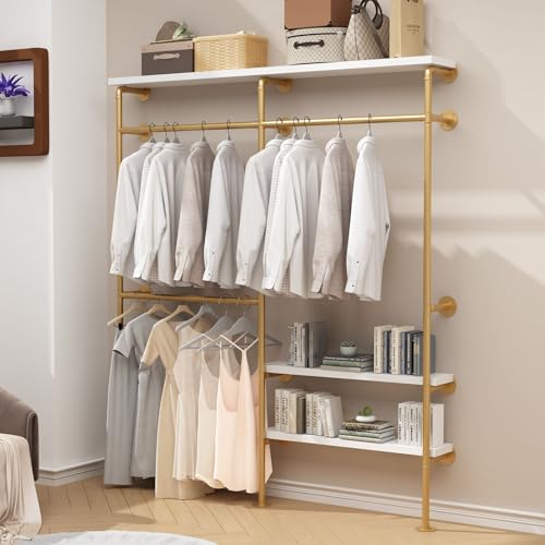 HOMEKAYT Industrial Pipe Clothes Rack with Shelves, Gold Clothing Rack Wall Mounted Heavy Duty Multi-Purpose Storage Clothes Hanging Shelf - 70.8''L Gold - color: gold, size: 70.8''L-A