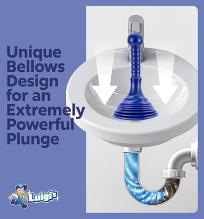 Luigi's Sink Plunger Kitchen - Sink Plunger Bathroom - Drain Bathtub or Shower - Small and Powerful Clog Remover - Commercial Style "Plumbers Plungers" with Large Bellows - Blue - Small - color: Blue - Small Drain Plunger