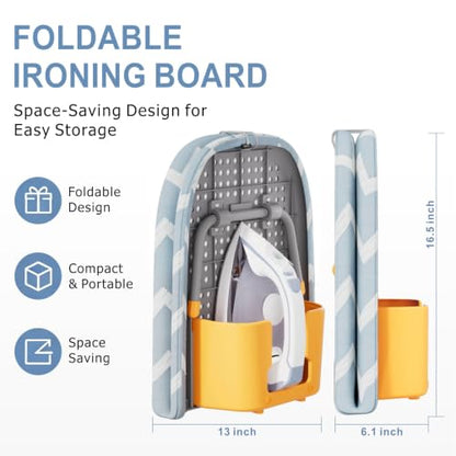 Small Ironing Board, Foldable Tabletop Ironing Board with Iron Holder and Silicone Iron Rest Pad for Small Spaces - color: Blue White Wave