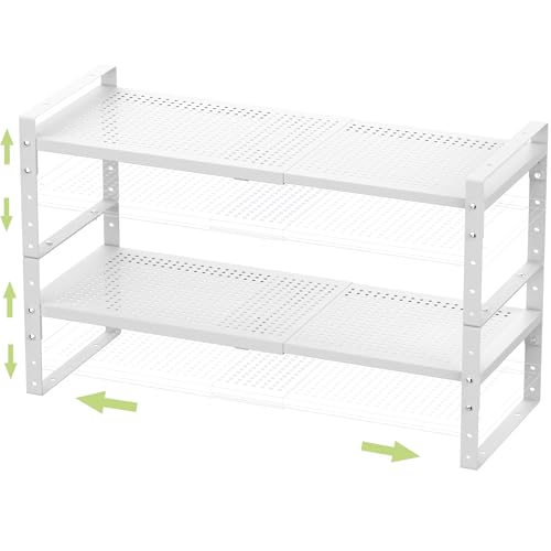 Jojocross Expandable Stackable Aadjustable Shoe Rack Pantry Shelf for Kitchen Cabinets Counter Shelves Countertop Cupboard Storage Solution,Sturdy Heavy-Duty Metal Construction(2Packs/White/Medium) - color: 2Packs/White, size: MEDIUM:8.1"D x 16.5"W x 7.8"