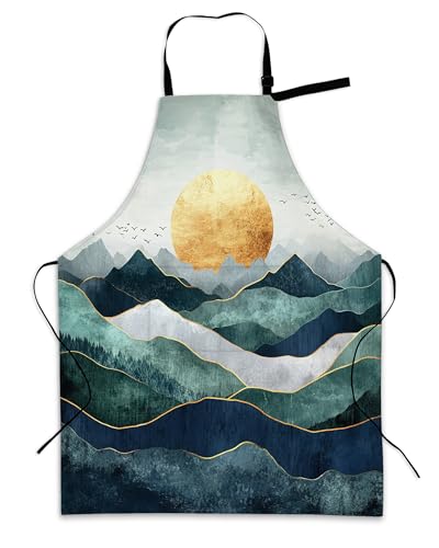 Cooking Aprons for Men and Women,Adjustable Bib Chef Apron with 2 Pockets, Soft and Durability Kitchen Apron - color: Abstract Green Gold Mountain Sunset