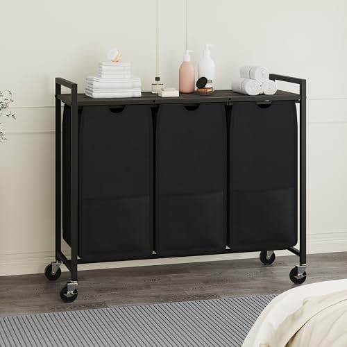 Laundry Sorter with Wheels, 3 Section, Grey Black - size: 3 Bags-120L / Gray + Black / w Wheels