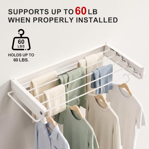 JOOM Wall Mounted Clothes Drying Rack,31.5 Inch Foldable Rack,White,Poles - size: 31.5in-Poles