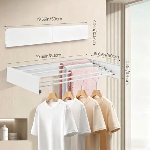 Wall Mounted Laundry Drying Rack, Carbon Steel Foldable & Retractable Clothes Drying Rack, Space Saving Adjustable Towel Holder for Bathroom, Laundry, Small Spaces (1, White, 50cm) - color: White, size: 19.69"