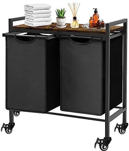 Double Laundry Hamper with Wheels & 2 Pull Out Section Removable Bags, Extra Large Dual Rolling Laundry Sorter Basket Organizer with Shelf for Bathroom, Bedroom, Laundry Room, 2 x 9Gal, Black