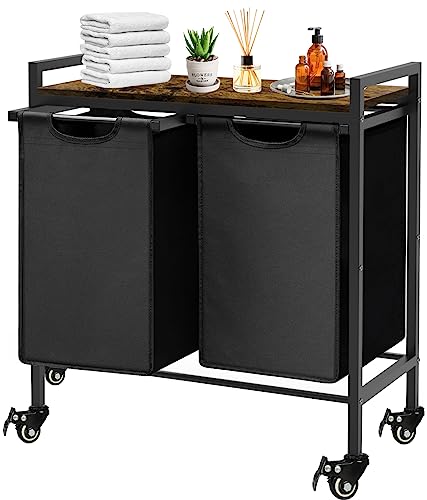 Double Laundry Hamper with Wheels & 2 Pull Out Section Removable Bags, Extra Large Dual Rolling Laundry Sorter Basket Organizer with Shelf for Bathroom, Bedroom, Laundry Room, 2 x 9Gal, Black