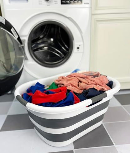 SAMMART 40L (10.5 gallon) Plastic Foldable Laundry Basket/Tub - Collapsible, Space Saving and Portable Laundry Hamper, Ideal for Home, Travel, Dorm, and Camping (1, White/Steel Gray) - color: White/Steel Gray