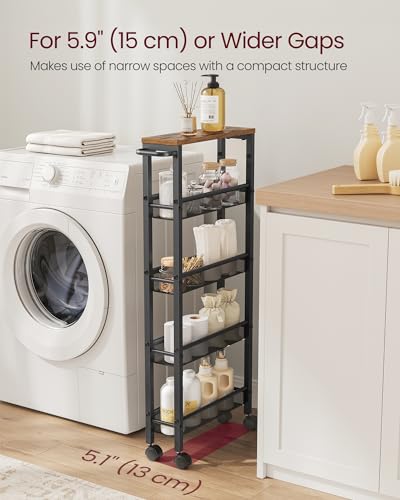 VASAGLE 5-Tier Slim Rolling Storage cart with Wheels, 5.1 Inches, Metal - color: Rustic Brown + Classic Black, size: 5 Tiers (5.1"D x 39.2"H)