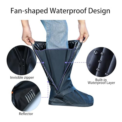 Waterproof Rain Boot Shoe Cover with Reflector Reusable & Foldable - color: Black#Thicked, size: X-Large