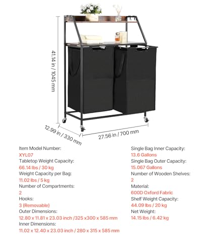 VEVOR 2 Tiers Laundry Sorter, Tall Laundry Hamper with Metal Frame and Wooden Tabletop, 2 Section Rolling Basket Organizer Storage with Ladder Shelves and 600D Oxford Cloth Bags for Dirty Clothes - style: 2 Tiers