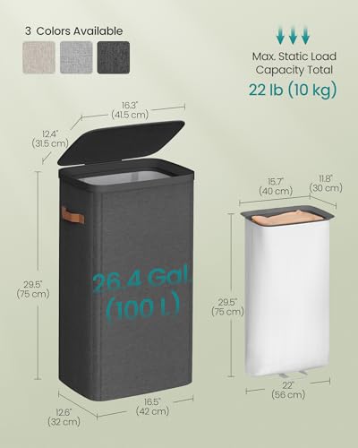 SONGMICS Laundry Basket, 100L Laundry Hamper with Lid, 1 Removable Bag - color: Ink Black, size: 100 L (1-Section)