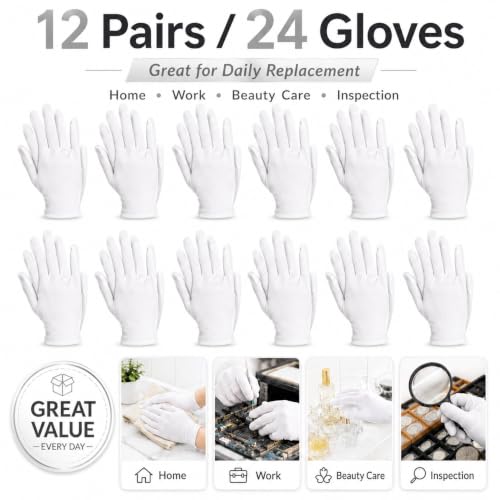 12 Pairs White Cloth Gloves, Soft Breathable Stretch Gloves for Jewelry, Coin Handling, Inspection, Photography, Serving, Costume, and Light Work,L size