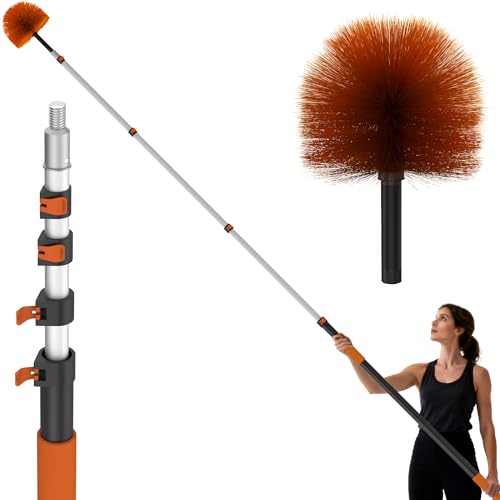 26 FT Cobweb Duster with Extension Pole, Cobweb Duster with 5-20FT Telescoping Extension Pole, Cleans Spider Webs, Washable & Reusable for High Ceilings, Fans & Outdoor & Indoor Cleaning