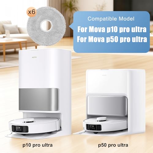 6Pcs P10 Pro/ P50 Pro Mop Pads Replacement for Mova V50 Ultra/P50 Pro Ultra/P10 Ultra/P10 Pro Ultra Robot Vacuum Cleaner - Washable Microfiber Reusable Mopping Cloths