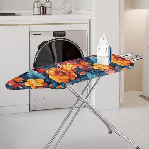 Flower Print Ironing Board Cover Protector Scorch Heat Resistance Household Iron Board Covers Fits Standard 54" x 15" Inch Boards Easy to Install - color: Blue and Orange - Flower