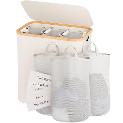 145L Laundry Hamper with Lid, 3 Section Laundry Basket with 3 Removable Bag - color: Beige, size: 145L