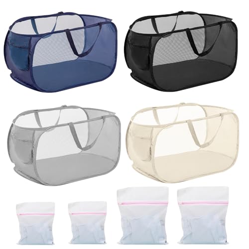 4Pcs Pop Up Laundry Hamper, FHDUSRYO Mesh Foldable Hamper with 4 Wash Bags - color: Black+Gray+Navy Blue+Beige