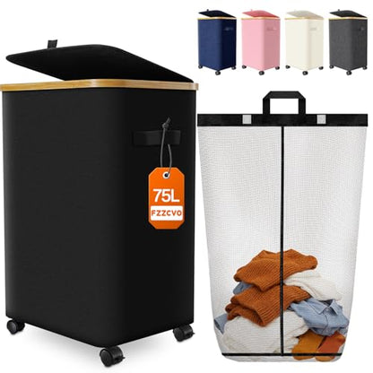Laundry Hamper with Wheels, 75L Rolling Laundry Basket, Removable Inner Bag - color: Black, size: 75L