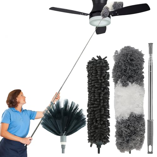 4-in-1 Spider Web Brush with Pole,Microfiber Ceiling Fan Cleaner Duster