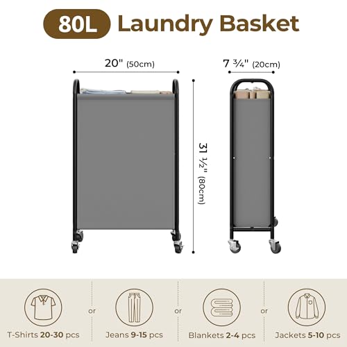 GRANNY SAYS Laundry Hamper, Slim Basket with Wheels and Handles, Grey, 80L - color: Grey, size: 80L