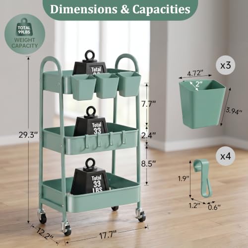 danpinera 3-Tier Rolling Cart, Utility Cart Mobile Metal Rolling Storage Cart with Lockable Wheels & Hanging Cups & Hooks for Kitchen, Bathroom, Office, Workshop, Green - color: Green, size: 3 tier