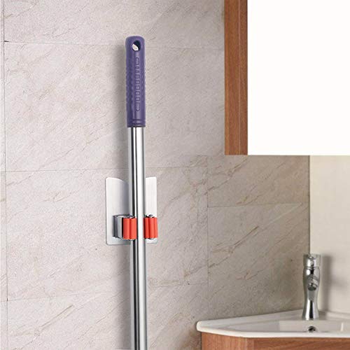 Broom Holder Wall Mount, 2 Pack Orange Stainless Steel Mop and Broom Organizer, Heavy Duty 15 Lbs Self Adhesive Tool Hanger, No Drill V-Shape Broom Hooks for Garage, Kitchen, Bathroom