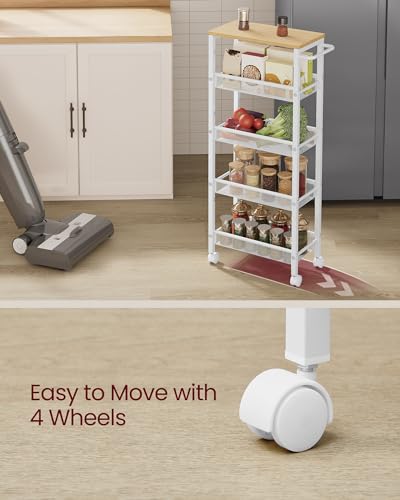 VASAGLE 5-Tier Slim Rolling Storage cart with Wheels, 8.7 Inches, Metal - color: Oak Beige + Classic White, size: 5 Tiers (8.7"D x 39.2"H)